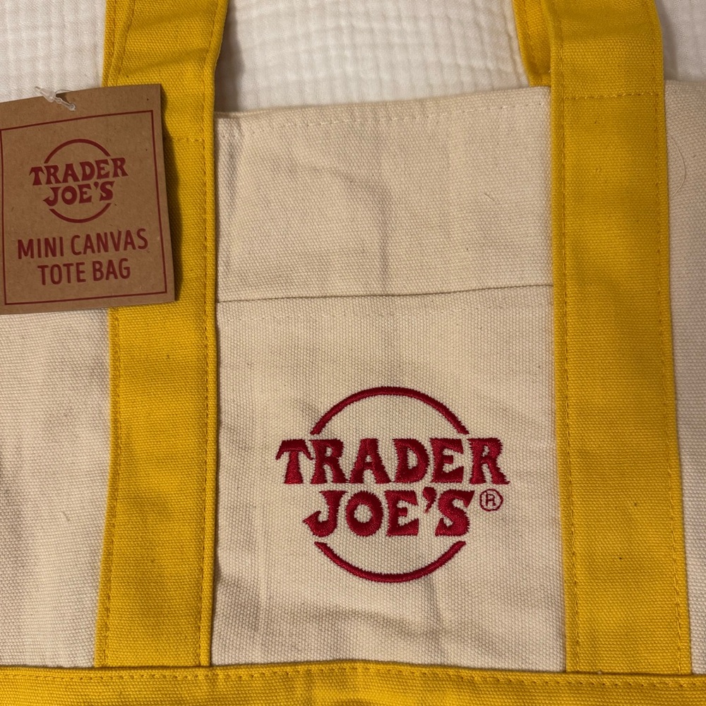 TRADER JOE’s Mini Canvas Tote Bag Yellow Straps Reusable Market Tote Pockets NWT